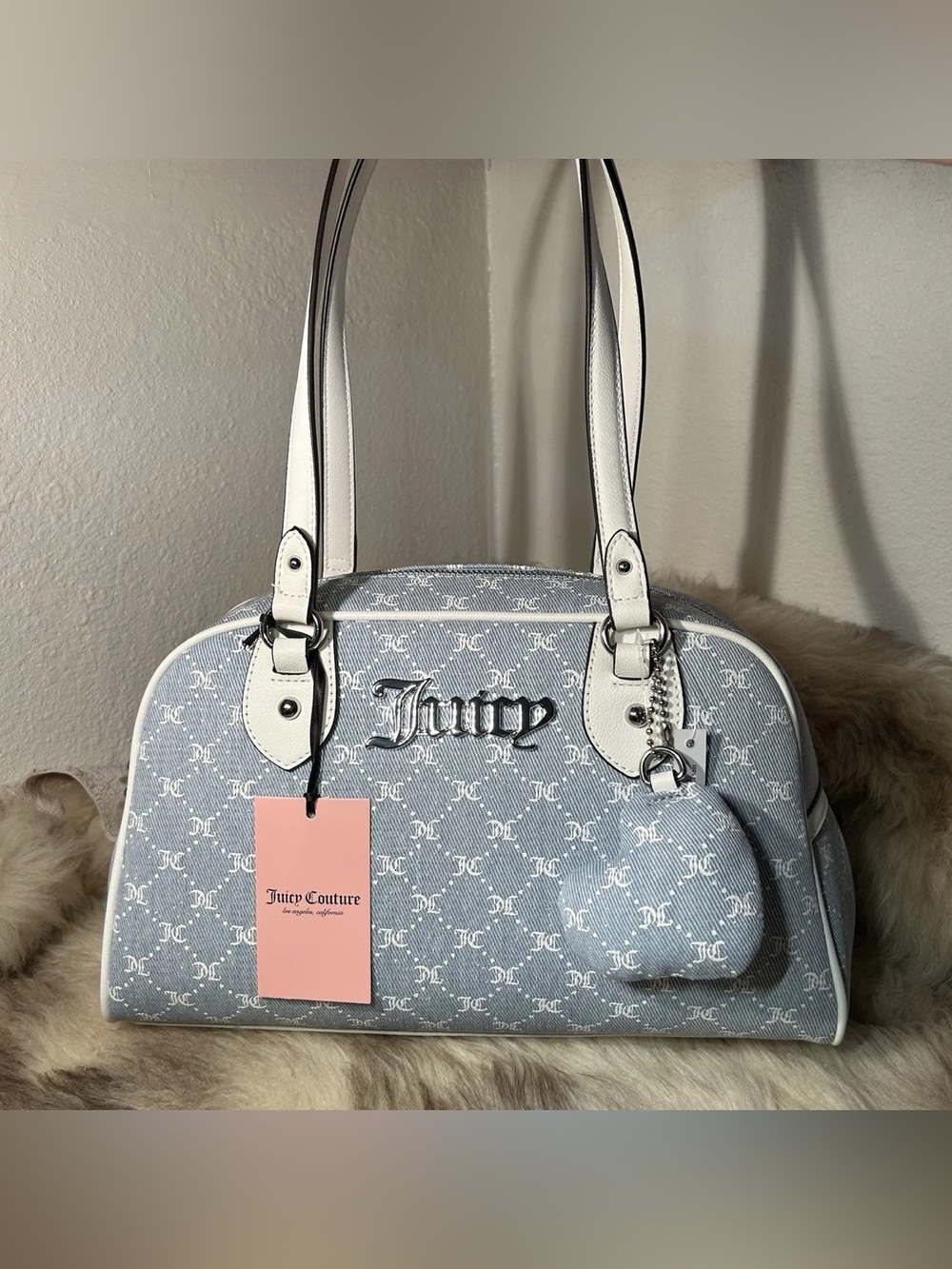 Juicy Couture Powder Blue Signature Dome Tote with White Trim